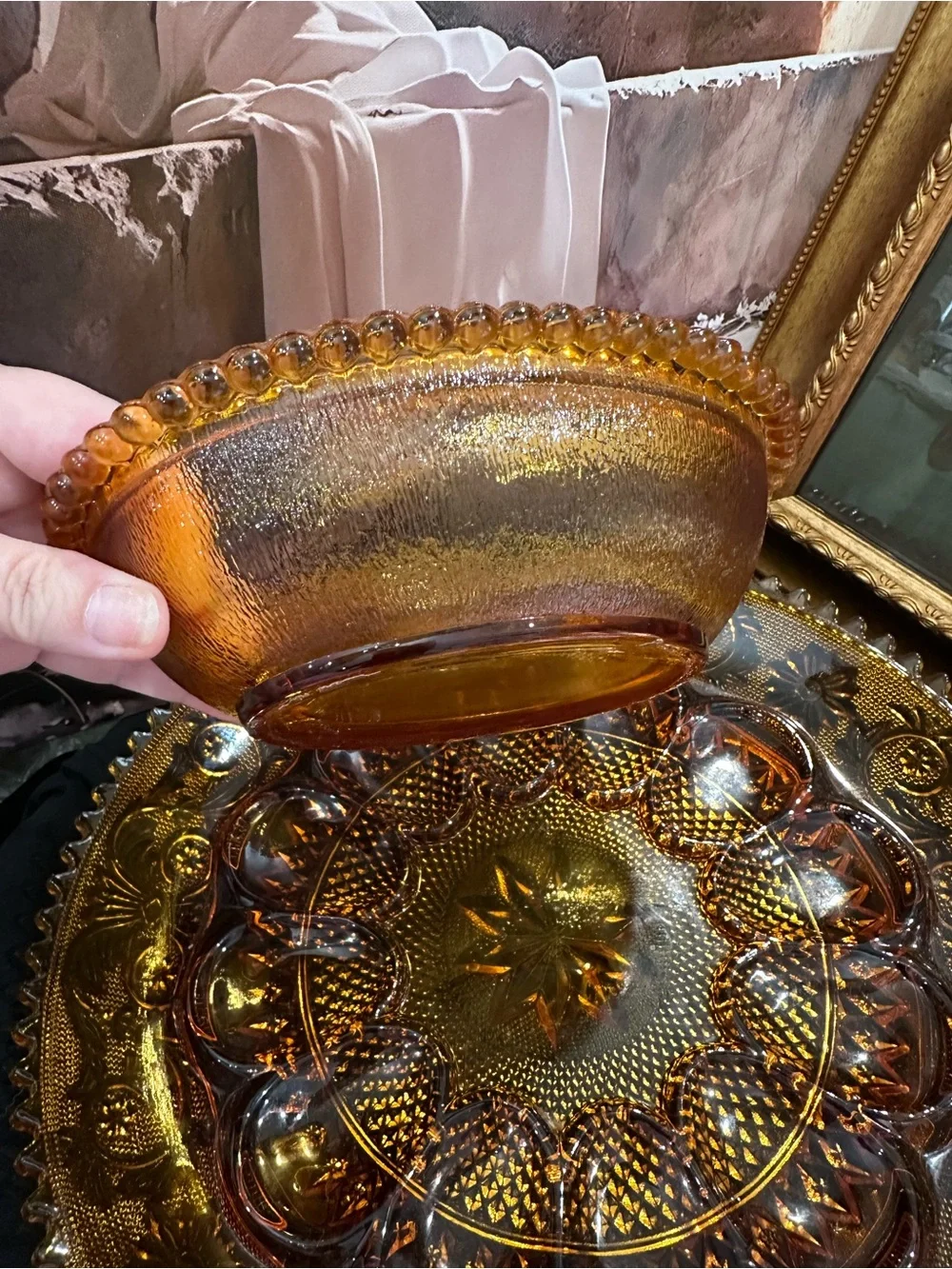 Amber Indiana Glass Hen On Nest w/ Amber glass Tiara pattern deviled egg  plate